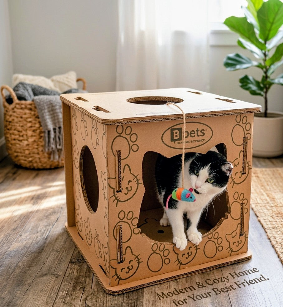 Cardboard Cat House & Scratcher – Double Layer Kitty Hideout Playhouse