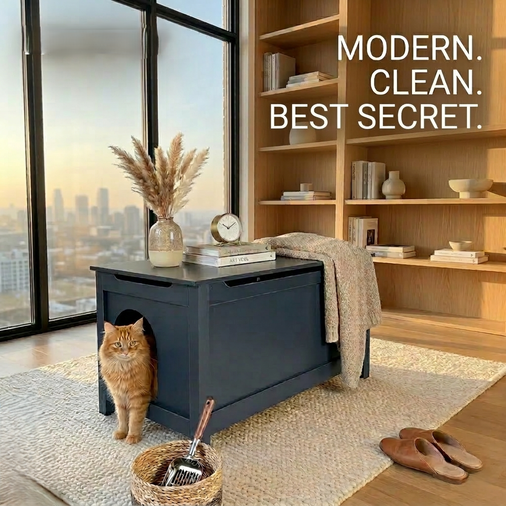 Parker Designer Catbox Cat Litter Box Enclosure, Hidden, Dog-Proof Pet Furniture with Cover, Elegant, Covered, Odor Contained for Large Cats, Litter Box Furniture with Lid, Cat Litter Boxes, Charcoal Black.