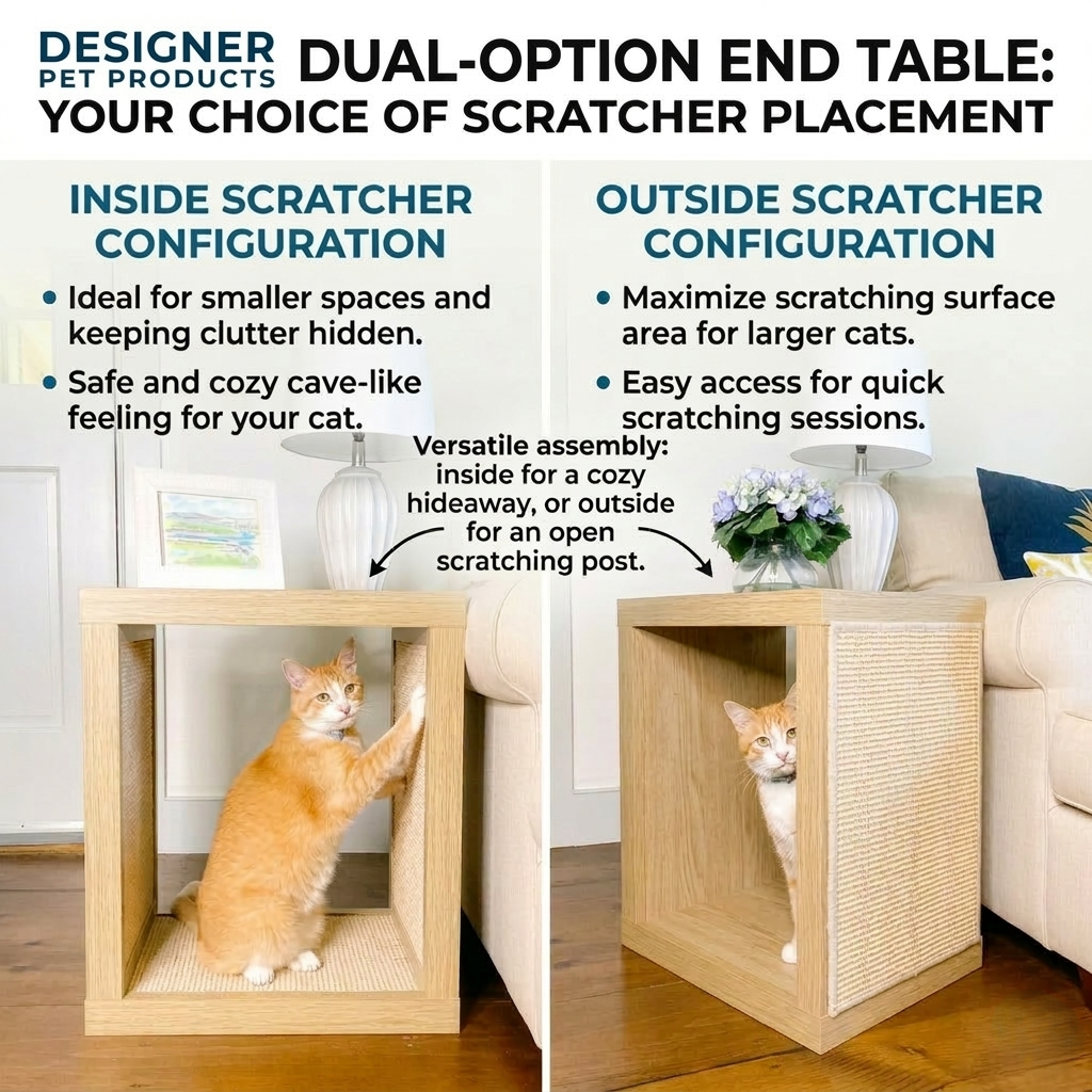 2-in-1 Cat Scratcher End Table – Modern Wood Side Table with Customizable Sisal Scratching Pad – Versatile Furniture for Cats and Home Decor