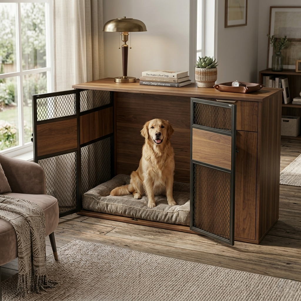 Dog Crate Furniture with Sleek Black Metal Gate, Enhanced Airflow and Visibility - Lucky Kennels Elegant Upgrade for Living Spaces (Dark) for Large Medium Dogs.