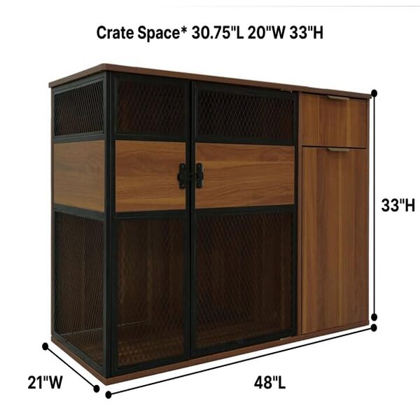 Dog Crate Furniture with Sleek Black Metal Gate, Enhanced Airflow and Visibility - Lucky Kennels Elegant Upgrade for Living Spaces (Dark) for Large Medium Dogs.