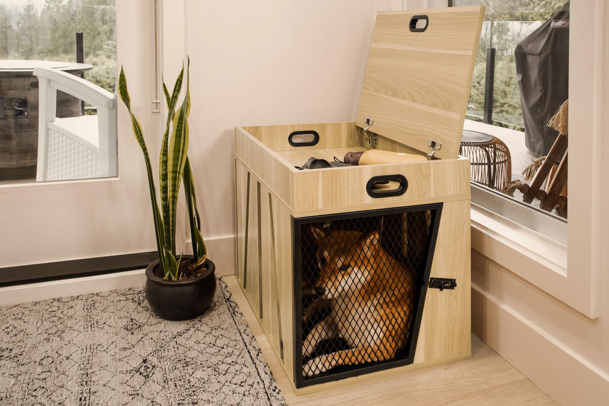 Dog Crate Furniture (Light wood Medium)- House Kennel for Medium Dogs,with Storage Compartment for Leashes, Treats, Beds, Lucky Kennels Penny Wooden.