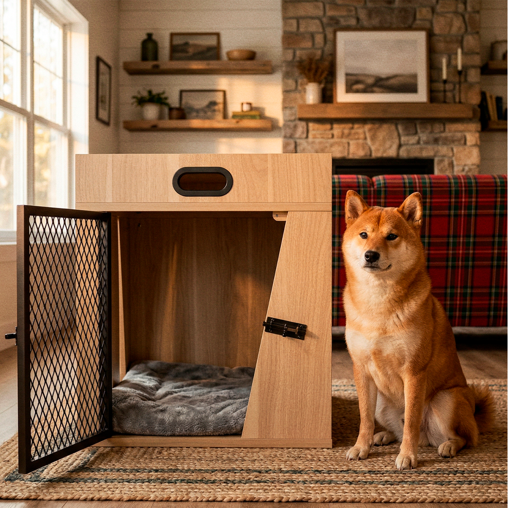 Dog Crate Furniture (Light wood Medium)- House Kennel for Medium Dogs,with Storage Compartment for Leashes, Treats, Beds, Lucky Kennels Penny Wooden.