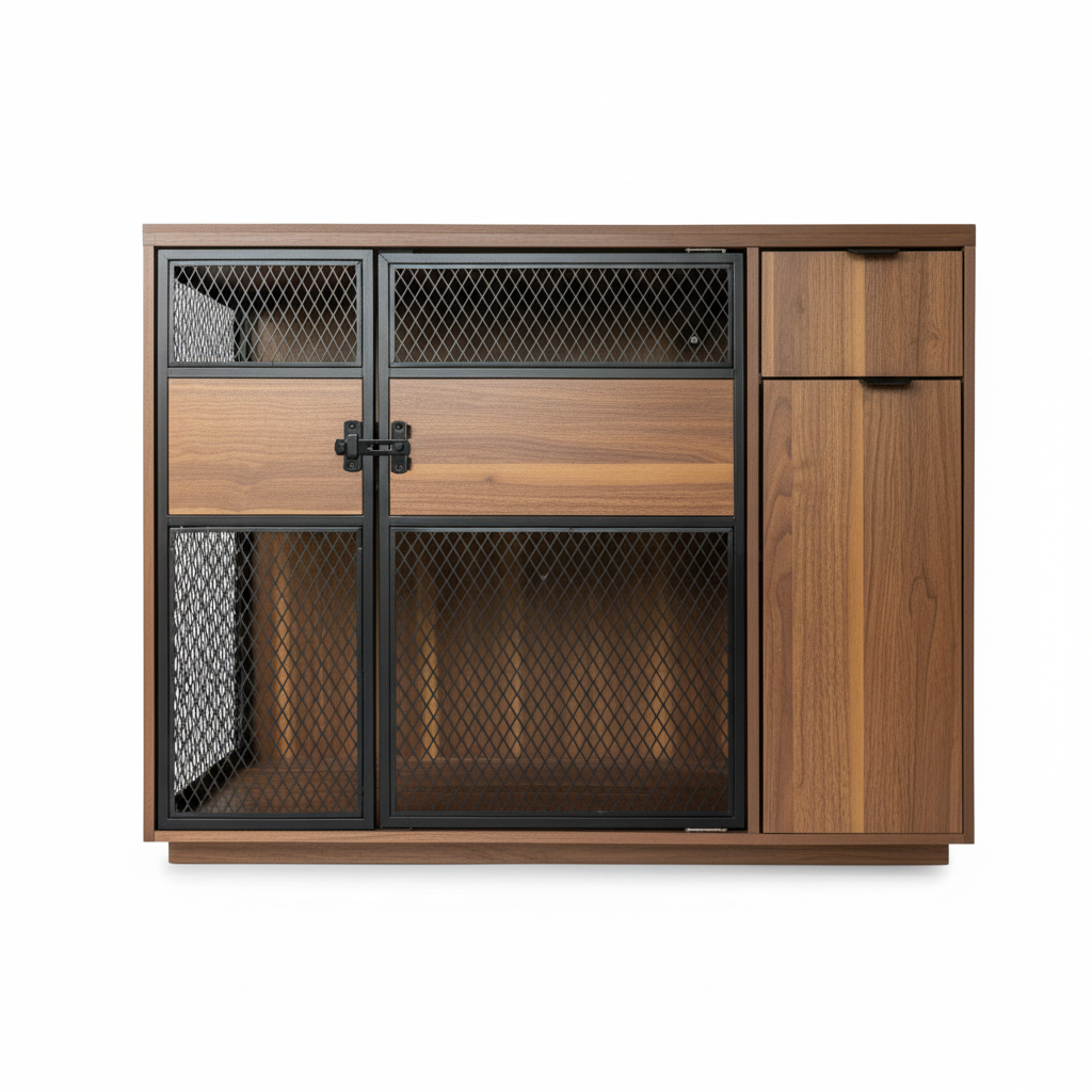 Dog Crate Furniture with Sleek Black Metal Gate, Enhanced Airflow and Visibility - Lucky Kennels Elegant Upgrade for Living Spaces (Dark) for Large Medium Dogs.