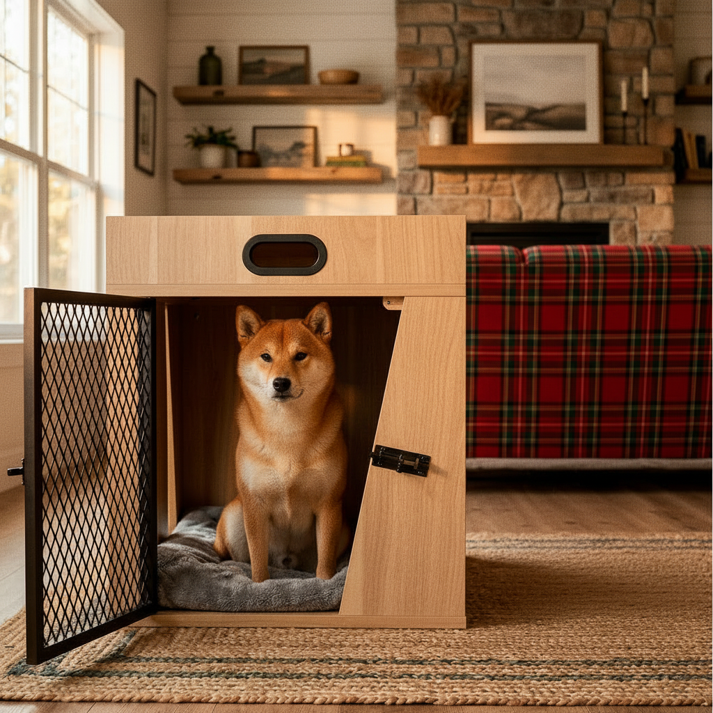 Dog Crate Furniture (Light wood Medium)- House Kennel for Medium Dogs,with Storage Compartment for Leashes, Treats, Beds, Lucky Kennels Penny Wooden.