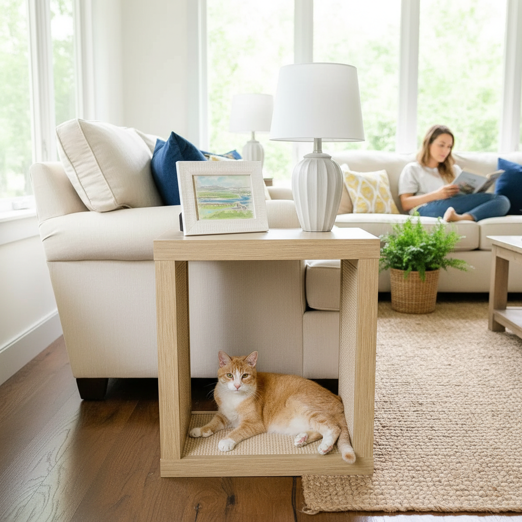 2-in-1 Cat Scratcher End Table – Modern Wood Side Table with Customizable Sisal Scratching Pad – Versatile Furniture for Cats and Home Decor