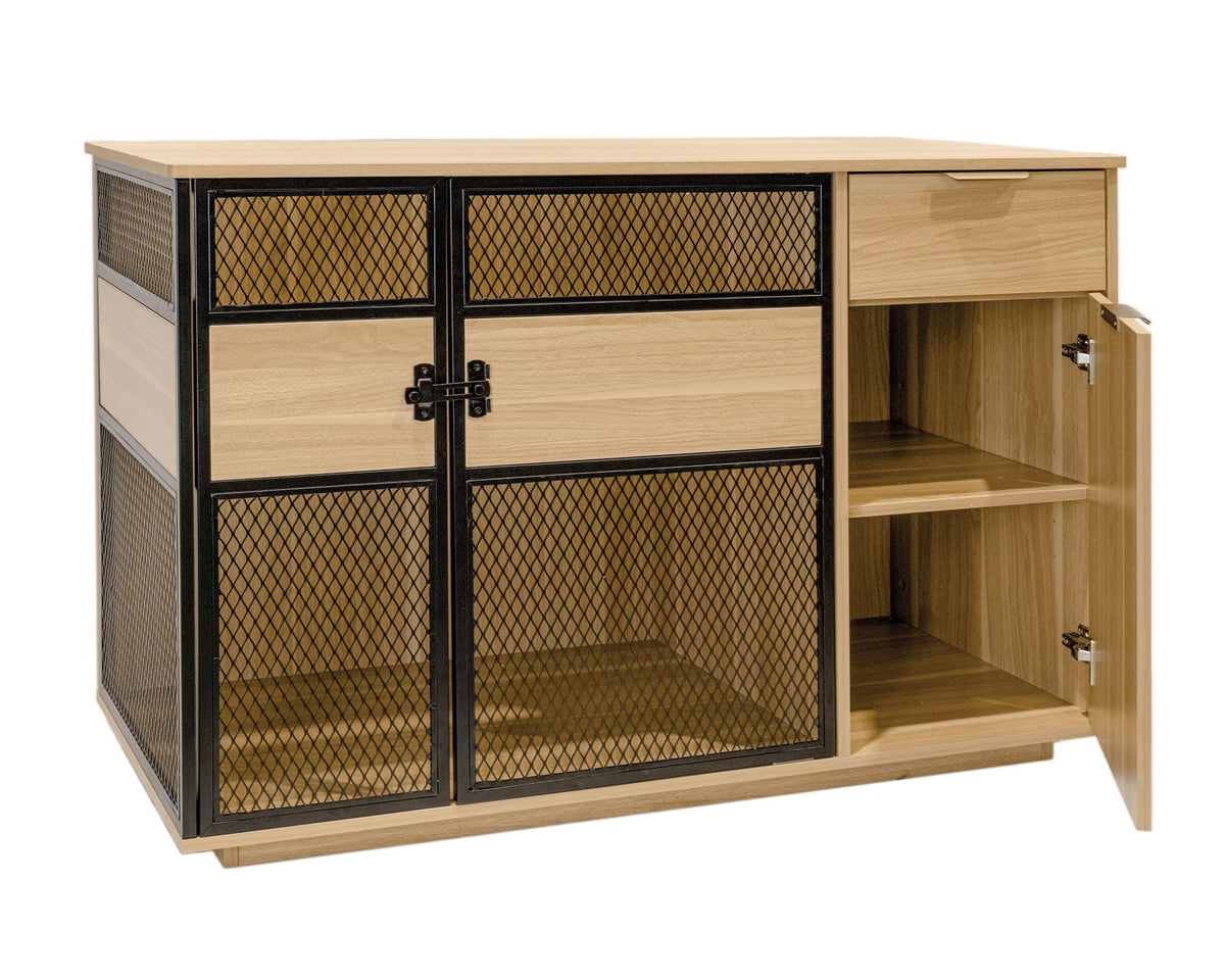 Dog Crate Furniture with Sleek Black Metal Gate, Enhanced Airflow and Visibility - Lucky Kennels Elegant Upgrade for Living Spaces (Light) for Large Medium Dogs.