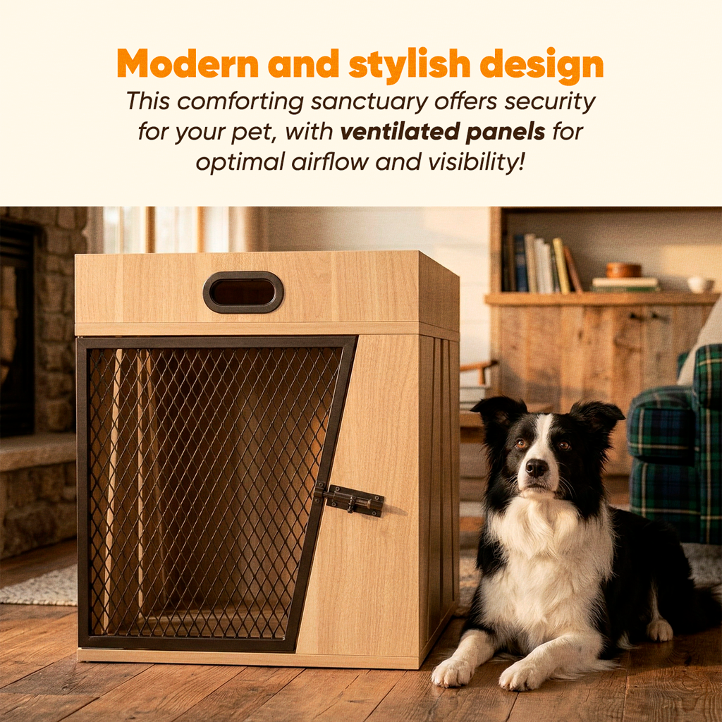 Dog Crate Furniture   (Light wood Medium)- House Kennel for Medium Dogs,with Storage Compartment for Leashes, Treats, Beds,  Lucky Kennels Penny  Wooden.
