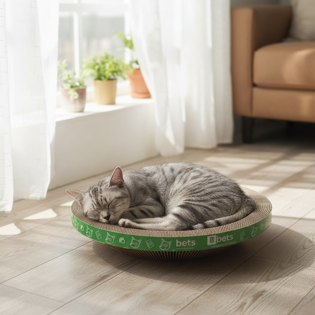 Round Cat Scratcher – Sturdy, Natural Cardboard, Safe for Claws, Protects Furniture, Supports Active Play and Long naps.